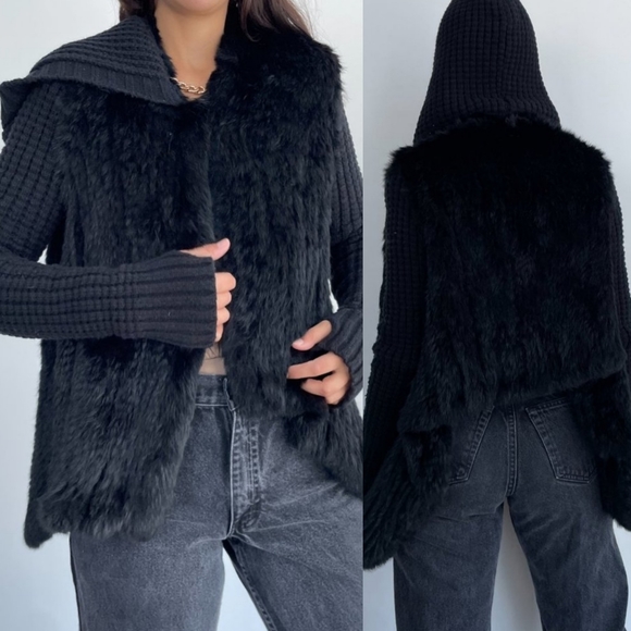 Le Rok Luxe Rabbit Fur Cardigan Sweater Jacket With Hoodie Medium - Picture 3 of 11